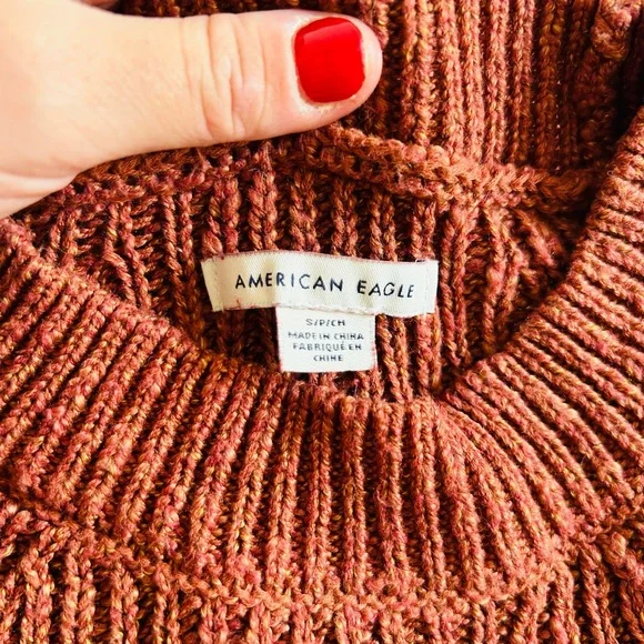 American Eagle Women’s Brown Cable Knit Ribbed Puff Sleeve Sweater S - Picture 5 of 8
